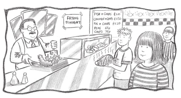 A fish and chip shop in 'Welcome to Jubilee Street' by Phil Mansell.